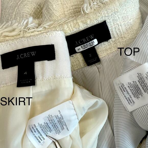 J. Crew Ivory Two Piece Suit Set Moto Jacket Skirt Women Size 2/4 Tweed Fringed - Picture 14 of 14